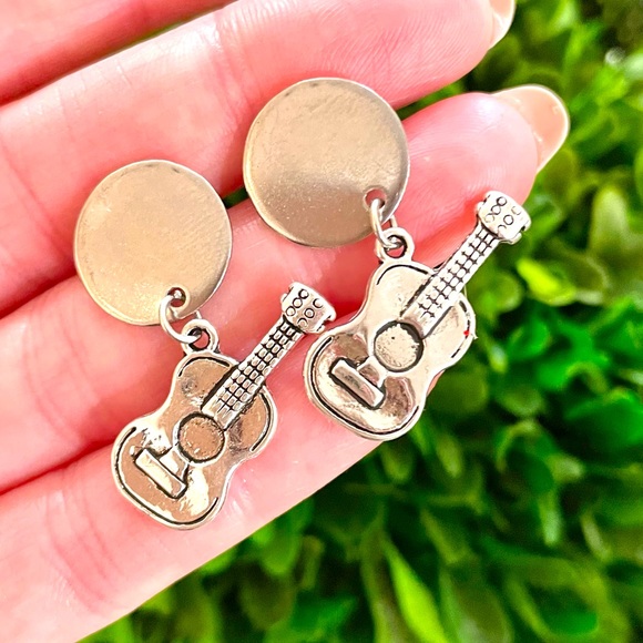 Silver Guitar Dangle Earrings - Picture 3 of 5
